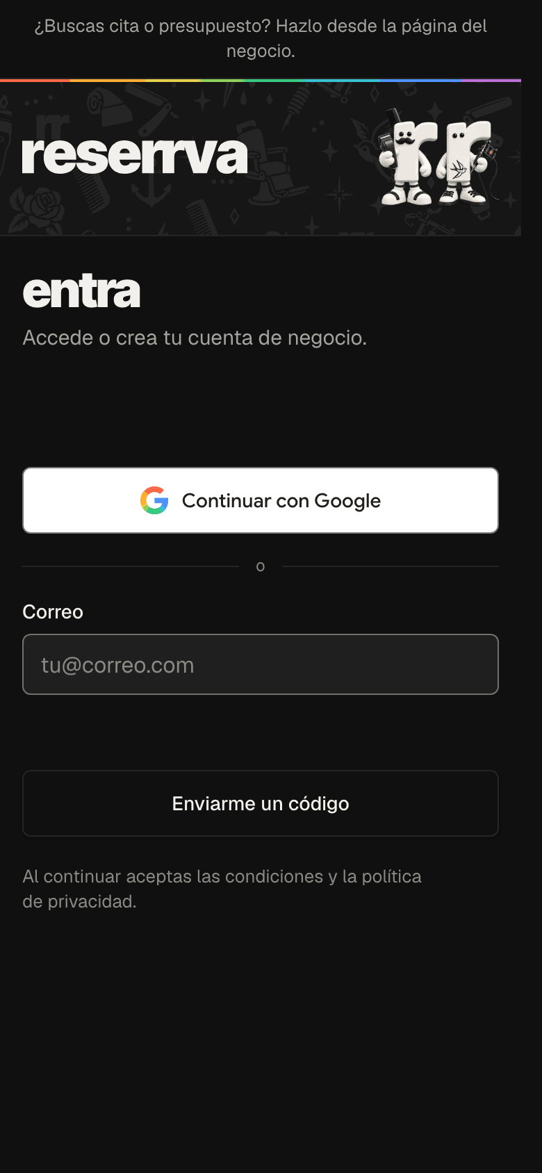 Reserrva sign-in screen with the Continue with Google button and the email field for receiving a code
