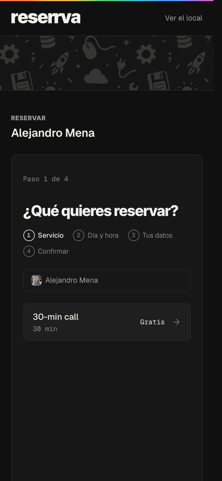 A professional's public booking page in Reserrva seen on a phone, with their name and the service selector to start booking