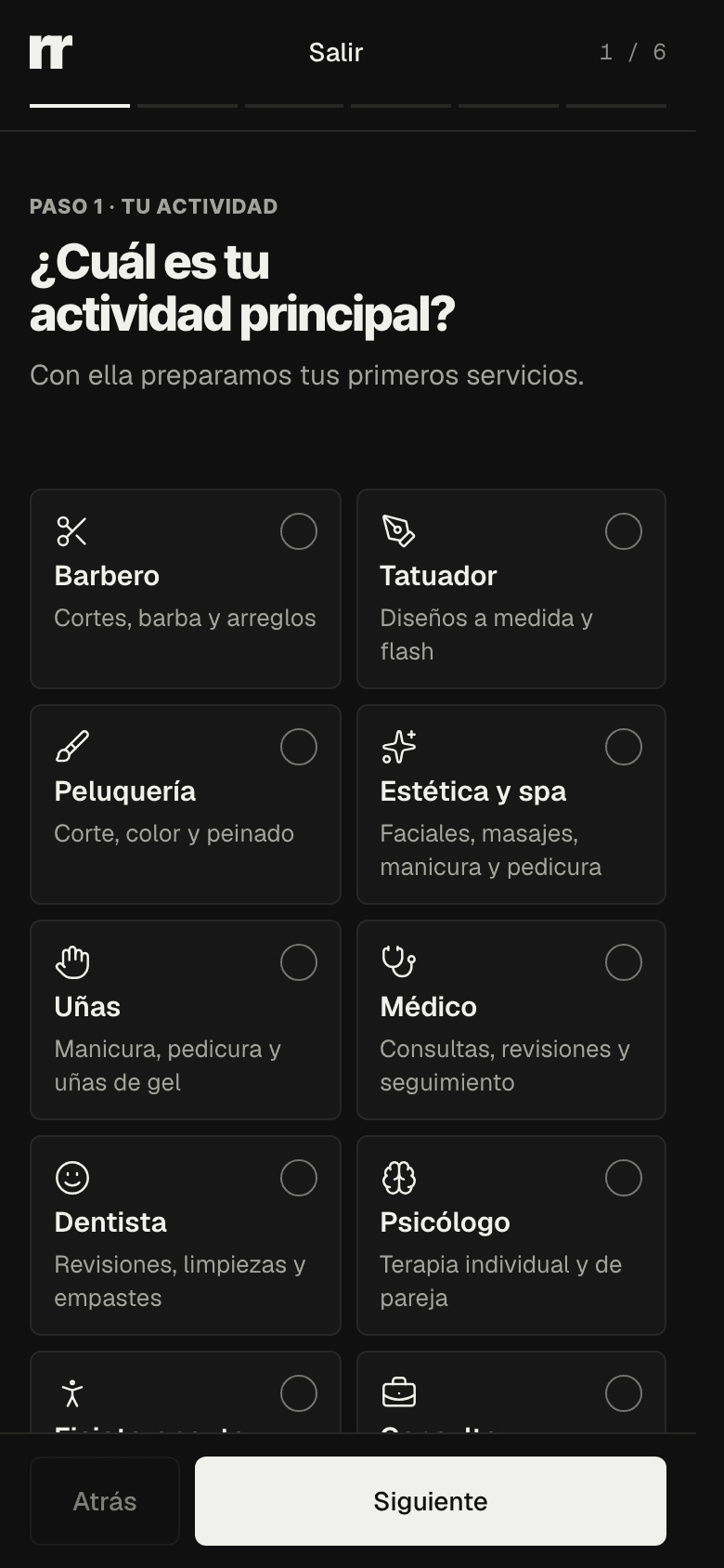 Setup step 1: the start of the profession list, from barber to consultant, one card per profession