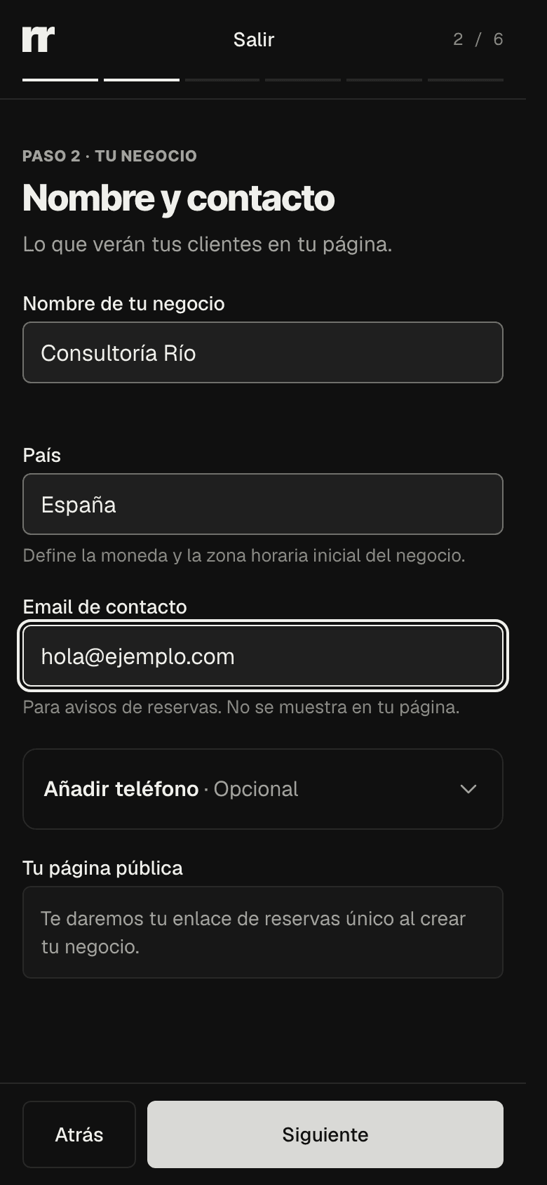 Setup step 2: business name, country and contact