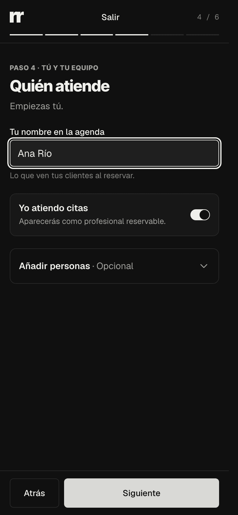 Setup step 4: your name in the agenda, the I take appointments switch and the optional Add people section