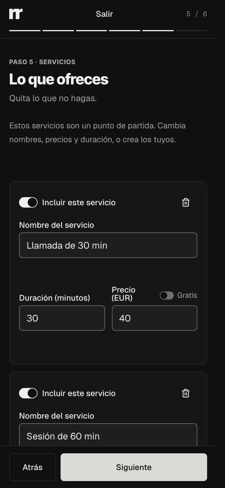 Setup step 5 with two services: the 30-minute call with its duration, price and Free switch, and the top of the 60-minute session card