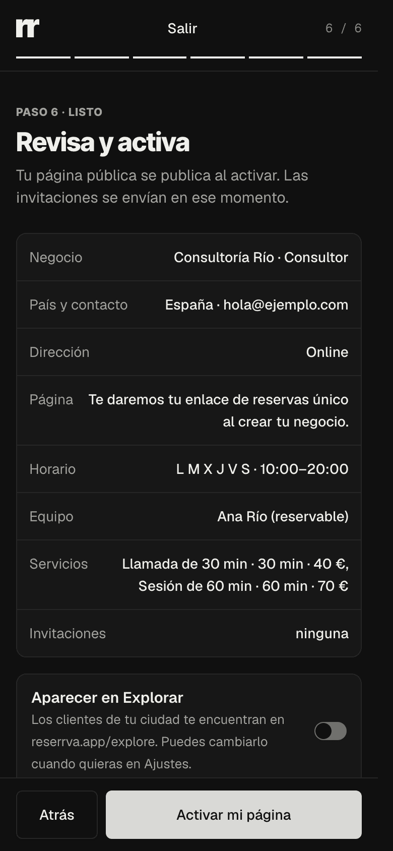 Setup step 6: summary with business, country and contact, Online mode, hours, team and services, the Appear in Explore switch and the Activate my page button