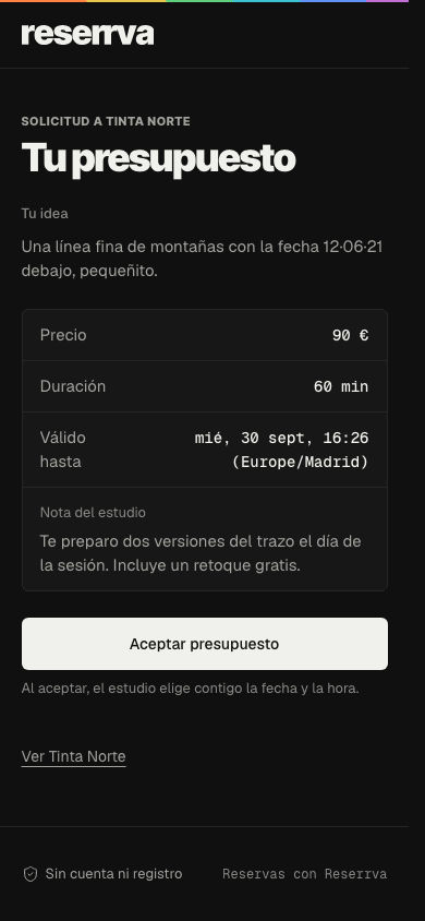 The customer's view on a phone: their idea, a 90 euro price, 60 minutes, valid until 30 September, the studio's note and the Accept quote button (Spanish interface).