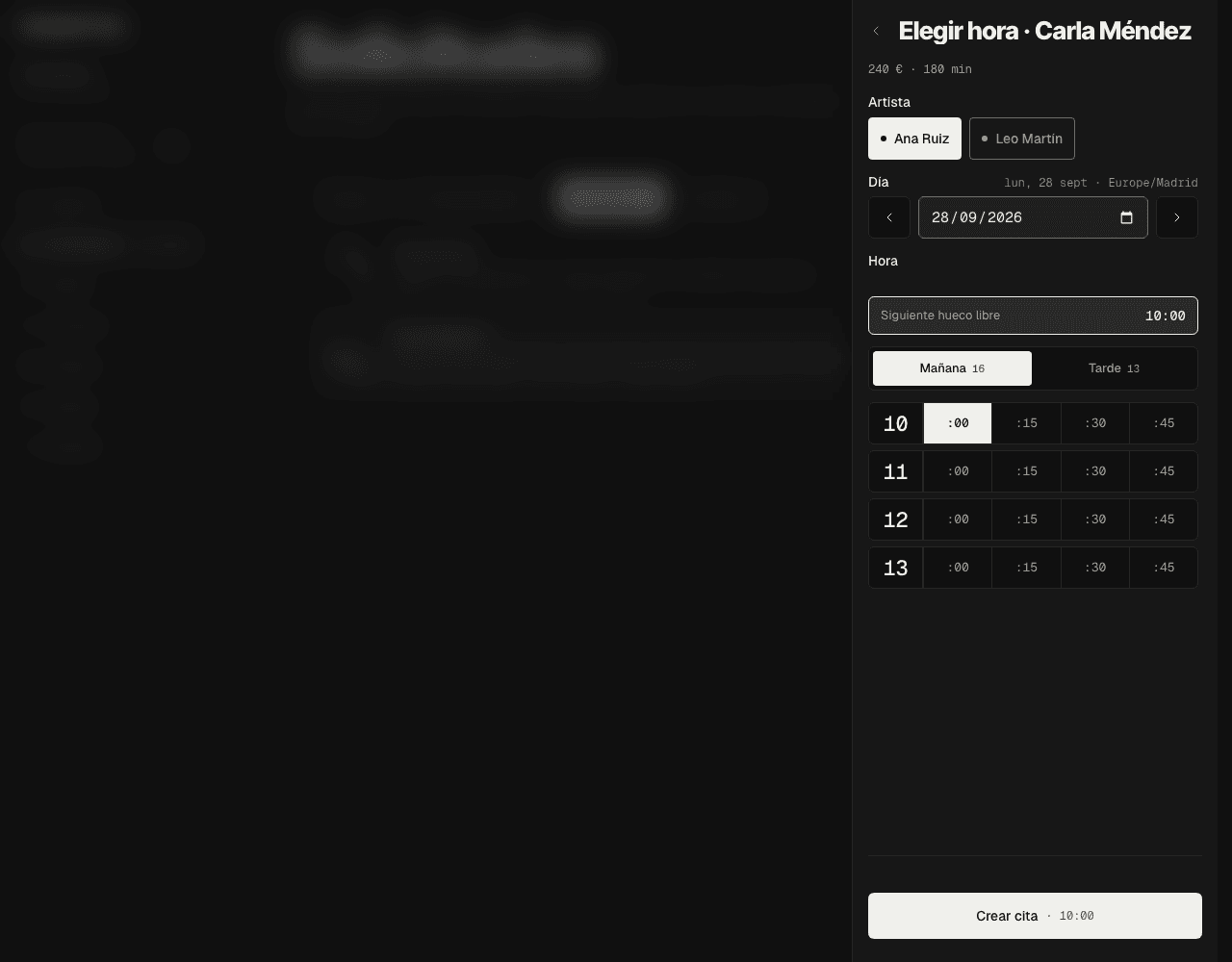 Pick a time panel for an accepted 240 euro, 180 minute request, with artist, day, and morning and afternoon slots (Spanish interface).
