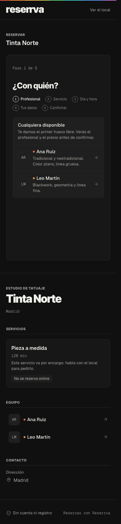 The studio's public page on a phone with the artist step, the service list, the custom piece marked as not bookable online, and the team (Spanish interface).