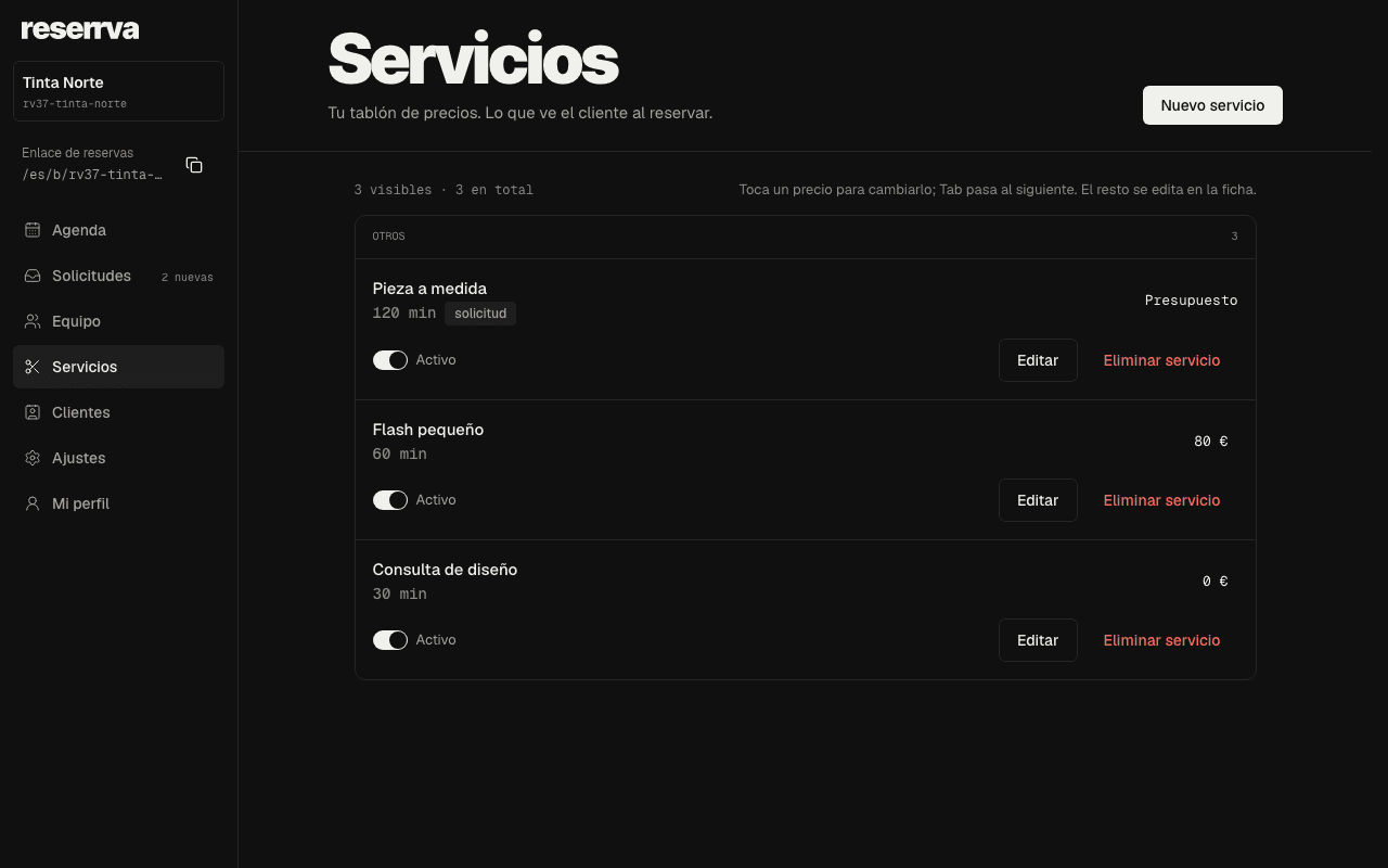 The studio's service list: a custom piece tagged as request with Quote instead of a price, a small flash at 80 euros and a free design consultation (Spanish interface).