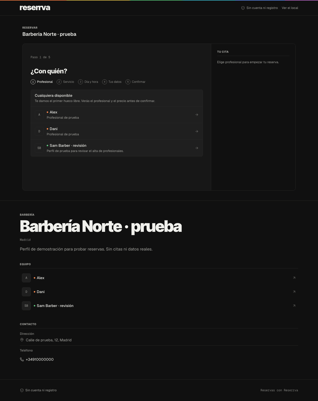Spanish business booking page beginning with a professional selector and Any available option.