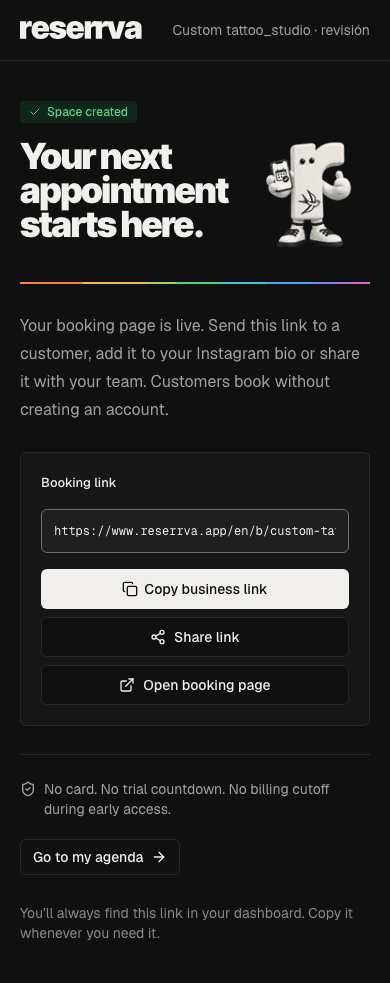 Mobile success screen for a demonstration tattoo studio, showing Copy business link, Share link and Open booking page.