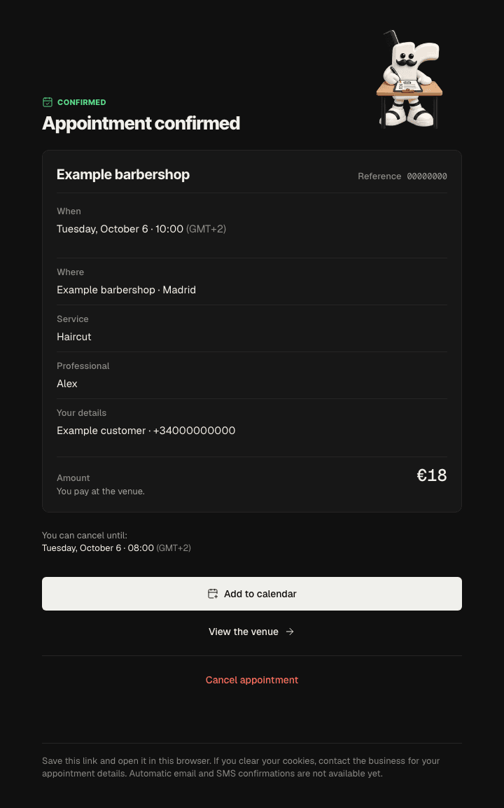 Example booking receipt showing a confirmed haircut, professional, date, price and calendar action.