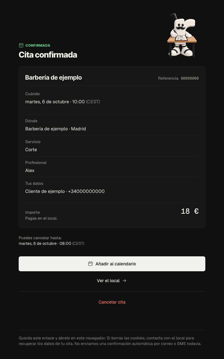 Justificante de ejemplo de una cita confirmada, con servicio, profesional, fecha, precio y acción para añadirla al calendario.