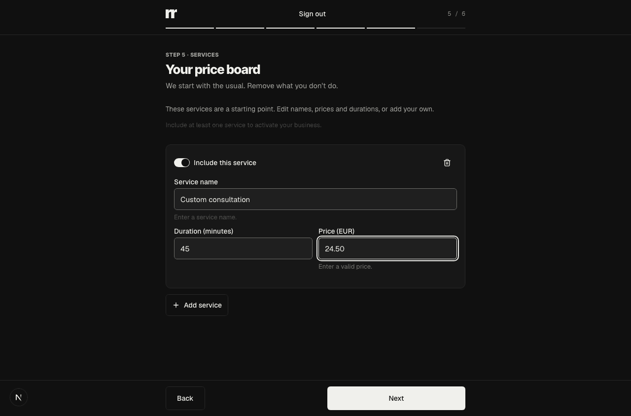 English onboarding service editor with an editable name, duration, price and Add service button.